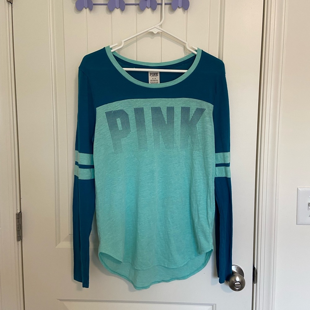 EUC PINK Victoria’s Secret dual colored blue teal turquoise long sleeve shirt M‎
